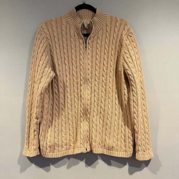 L.L. Bean Women’s 2X Cable Knit Zip Up Cardigan Sweater 100% Cotton Beige - Picture 1 of 5